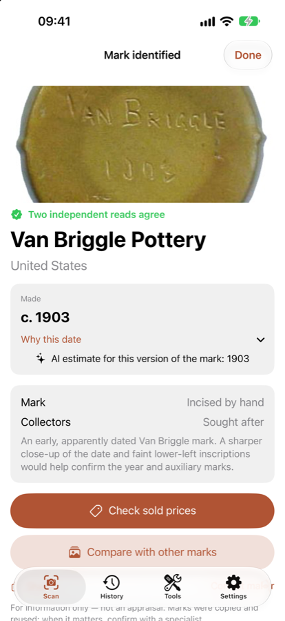 An answer: Van Briggle Pottery, made c. 1903, two independent reads agree