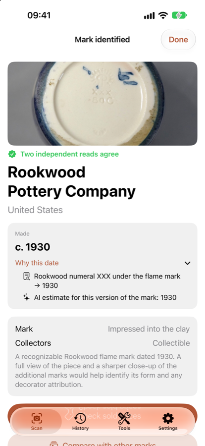 Rookwood Pottery, made c. 1930, dated by the Rookwood numeral under the flame mark