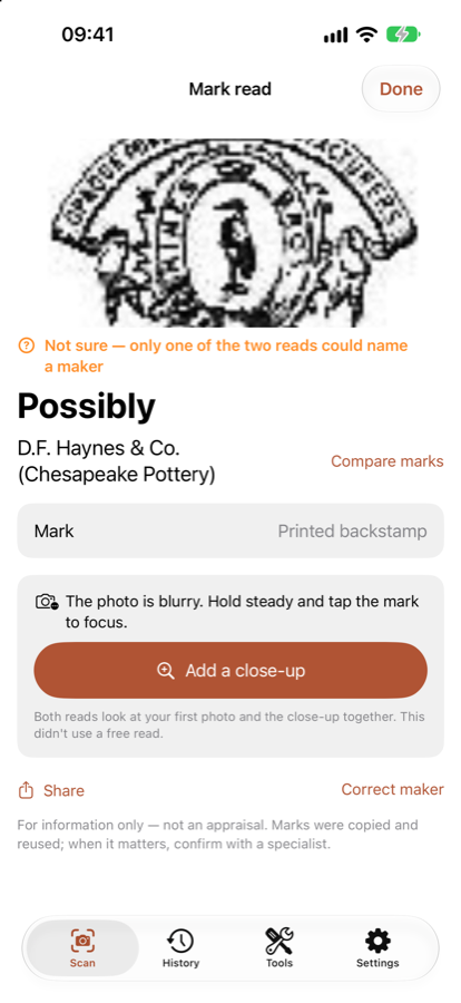 A blurred mark: possibly, with one candidate, and a button to add a close-up